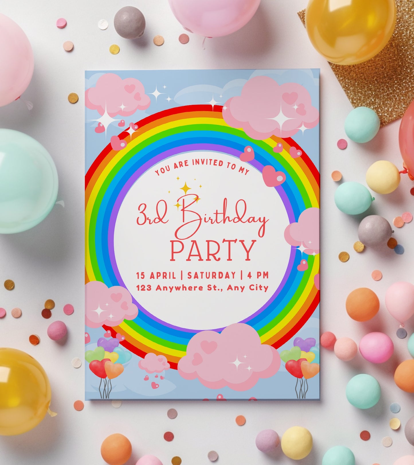 Personalised Rainbow birthday party invitations, Bright Rainbow 12 personalised invitations includes envelopes
