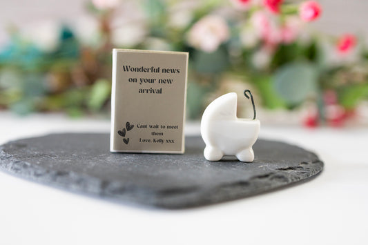 Personalised New Baby Gift ornament, Matchbox Pram new baby keepsake, welcome to the world, Porcelain Gift,