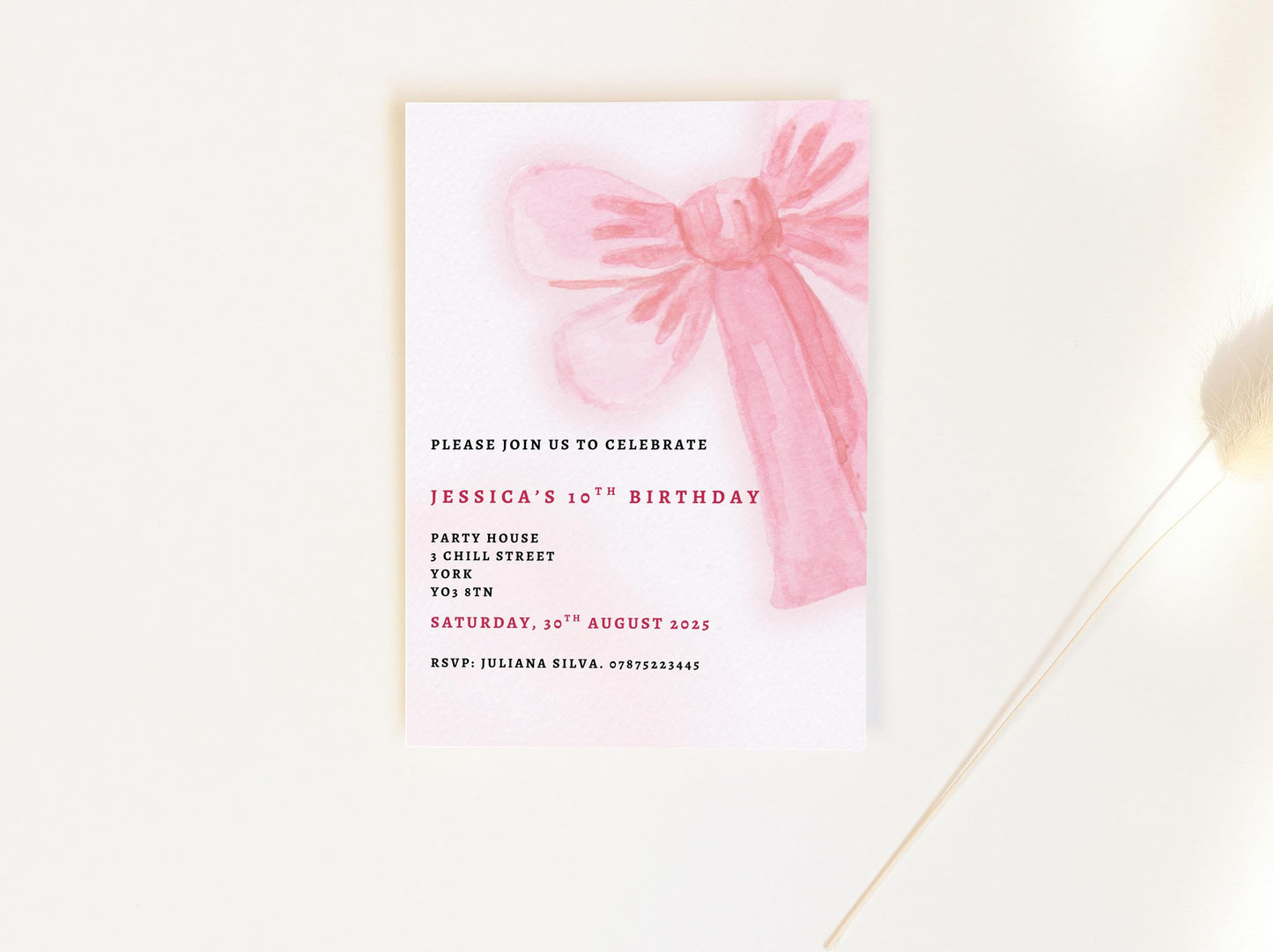 birthday party invitations, Bow Birthday Party Invites, pastel colour 12 personalised invitations includes envelopes Bow Design