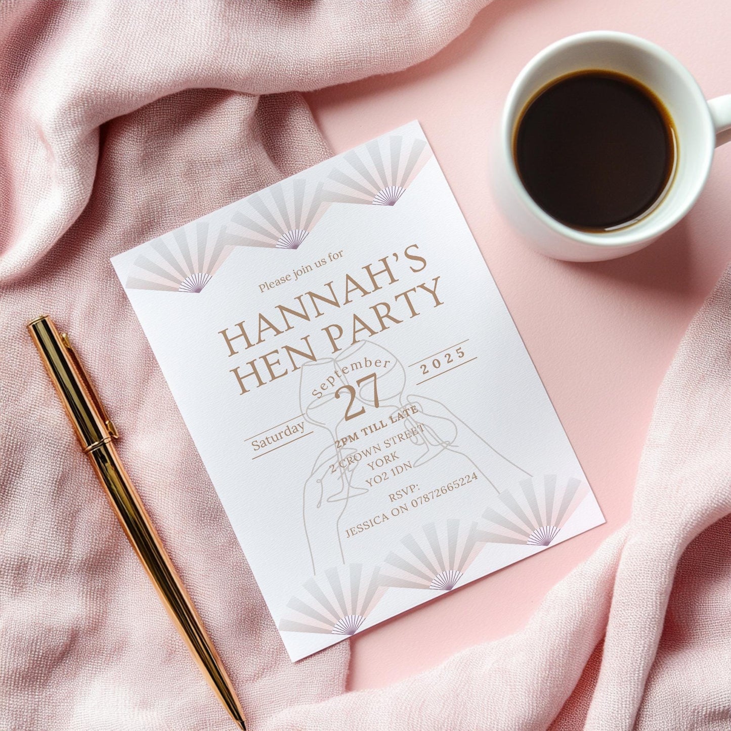 Elegant Blush Hen Party Invitation, Bridal Shower Invite, Bridal Shower invite, hen party/Bridal Shower Envelopes included. PK12