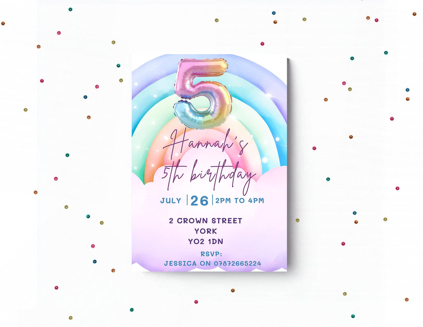 5th Birthday Invitation Girl | Pastel Balloon Party Invite | Rainbow invite | Rainbow invite | Cloud invite
