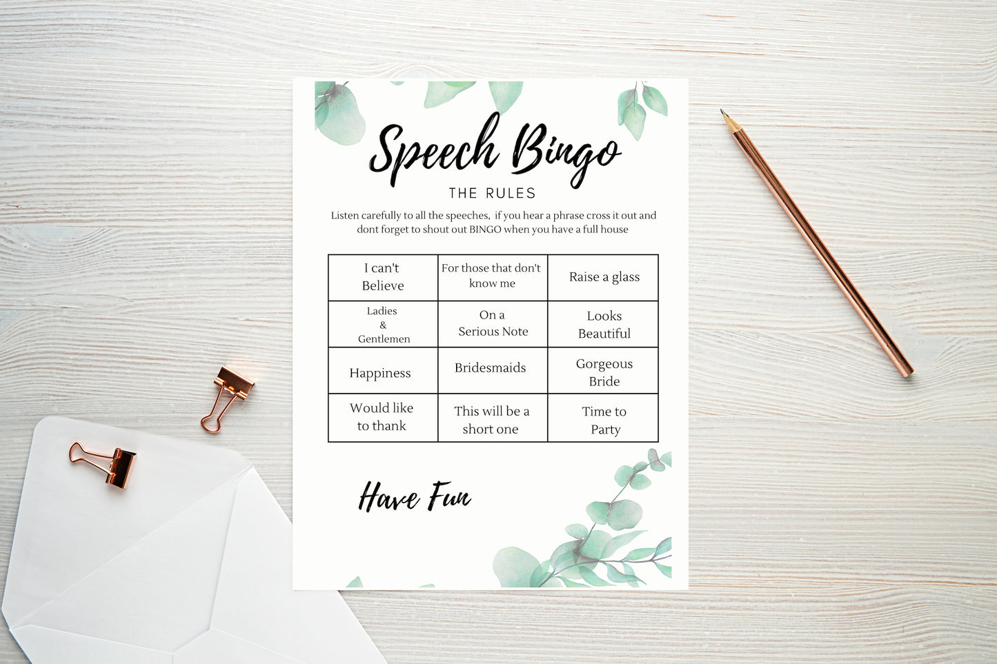 Speech Bingo Wedding table Game, Wedding Games, Wedding Speech Game, Wedding Reception games,