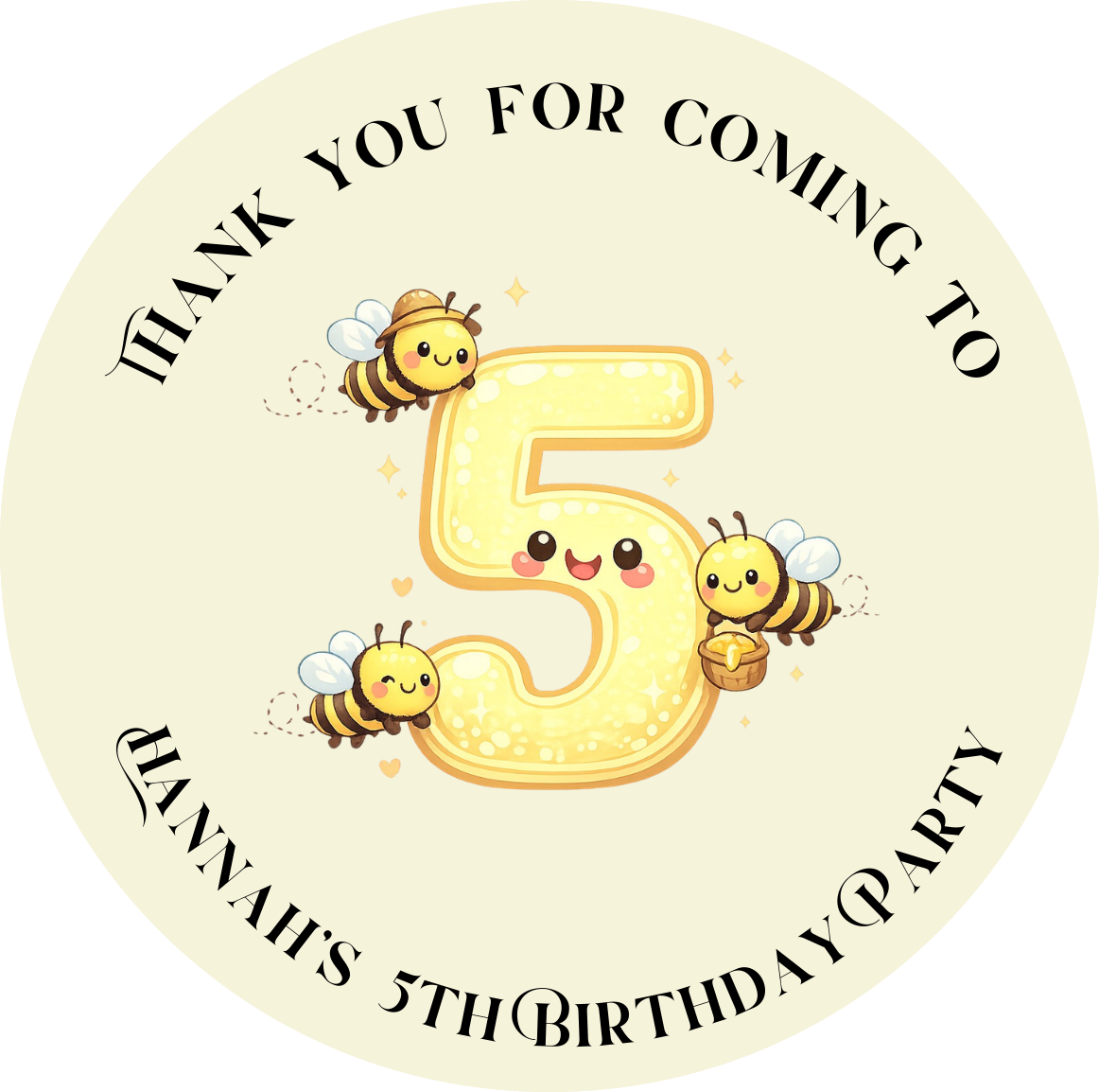Thank you for coming to my party stickers, Bee stickers,  Goodie bag stickers, thank you stickers, five  sizes, name stickers, beeing here