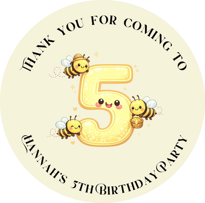 Thank you for coming to my party stickers, Bee stickers,  Goodie bag stickers, thank you stickers, five  sizes, name stickers, beeing here