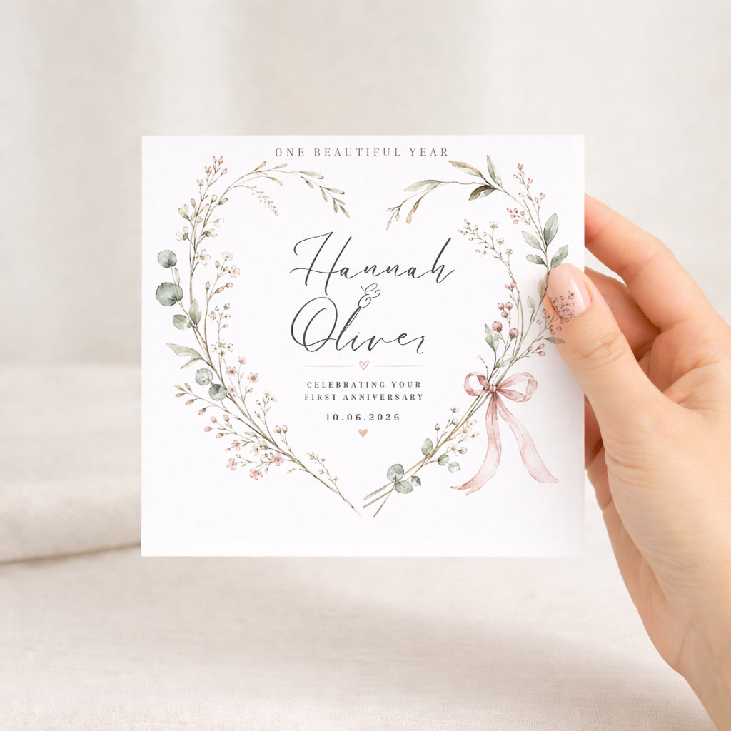 Personalised Wedding Anniversary Card – Botanical Floral Heart with Names & Date