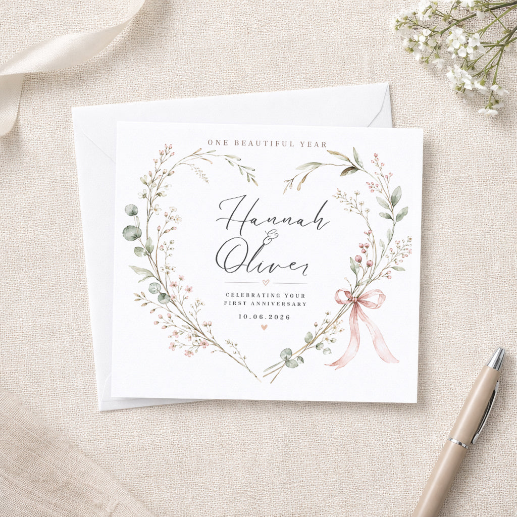 Personalised Wedding Anniversary Card – Botanical Floral Heart with Names & Date