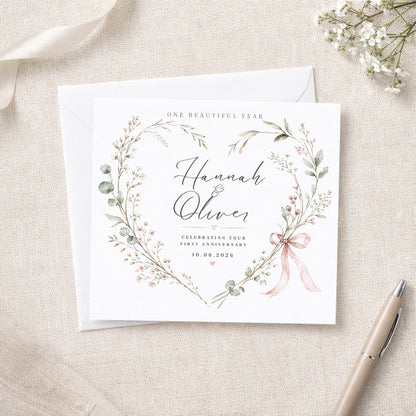 Personalised Wedding Anniversary Card – Botanical Floral Heart with Names & Date