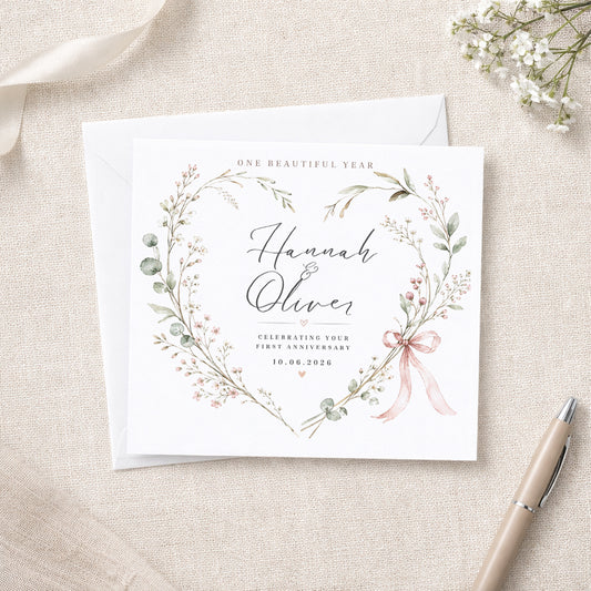 Personalised Wedding Anniversary Card – Botanical Floral Heart with Names & Date