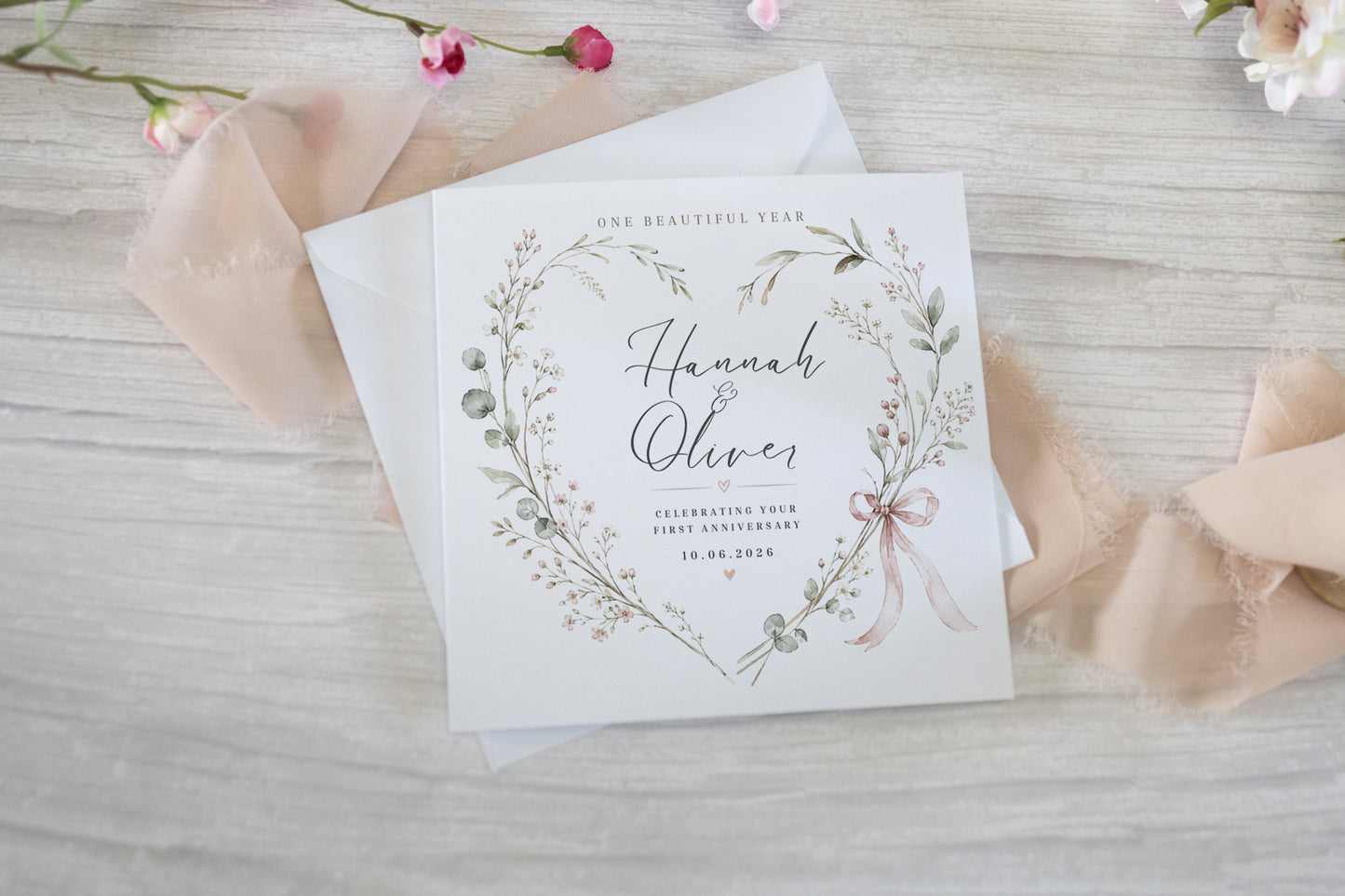 Personalised Wedding Anniversary Card – Botanical Floral Heart with Names & Date