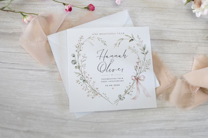 Personalised Wedding Anniversary Card – Botanical Floral Heart with Names & Date