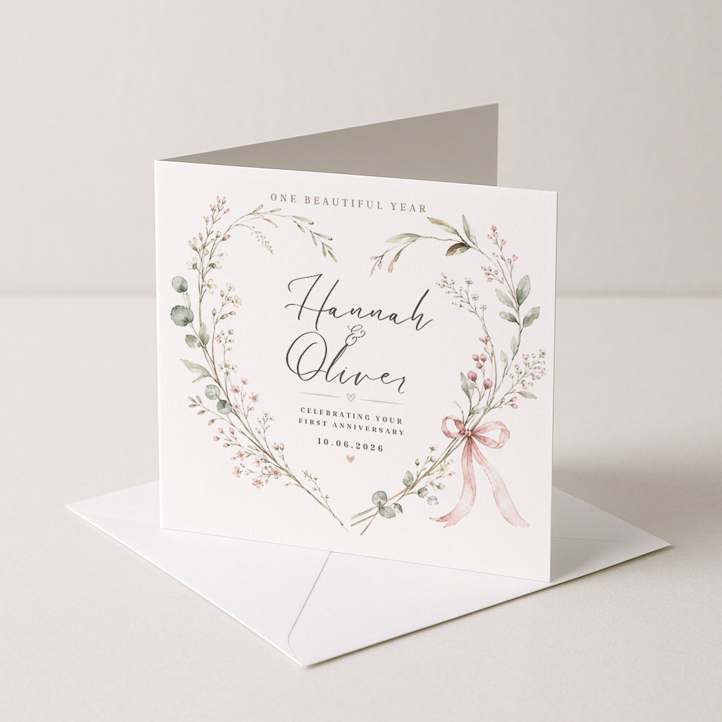 Personalised Wedding Anniversary Card – Botanical Floral Heart with Names & Date
