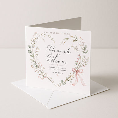 Personalised Wedding Anniversary Card – Botanical Floral Heart with Names & Date