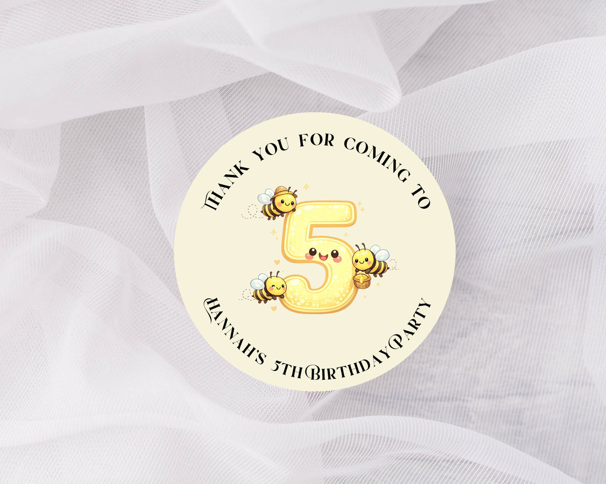 Thank you for coming to my party stickers, Bee stickers,  Goodie bag stickers, thank you stickers, five  sizes, name stickers, beeing here