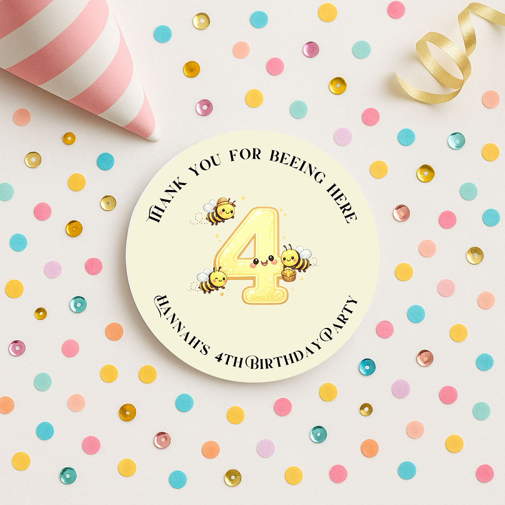 Thank you for coming to my party stickers, Bee stickers,  Goodie bag stickers, thank you stickers, five  sizes, name stickers, beeing here