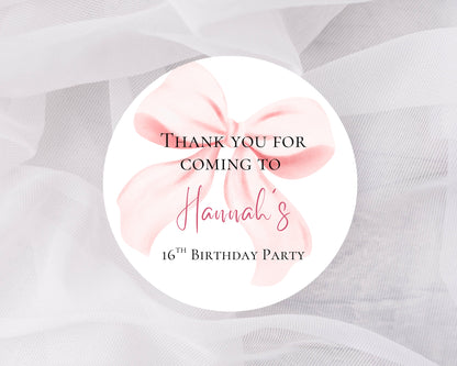 Thank you for coming to my party stickers, Goodie bag stickers, thank you stickers, five sizes, bow stickers, name stickers 5 sizes