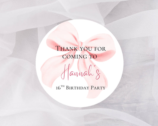 Thank you for coming to my party stickers, Goodie bag stickers, thank you stickers, five sizes, bow stickers, name stickers 5 sizes
