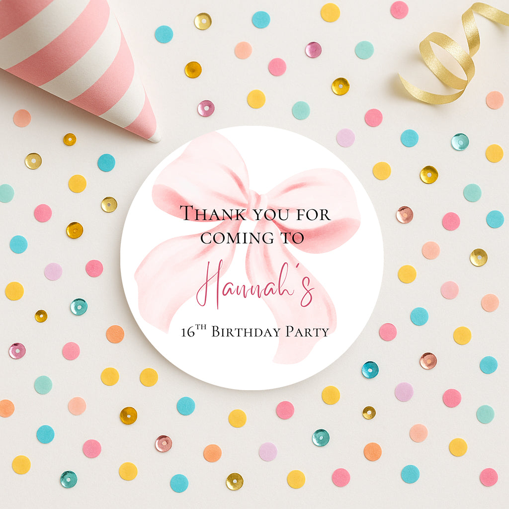 Thank you for coming to my party stickers, Goodie bag stickers, thank you stickers, five sizes, bow stickers, name stickers 5 sizes