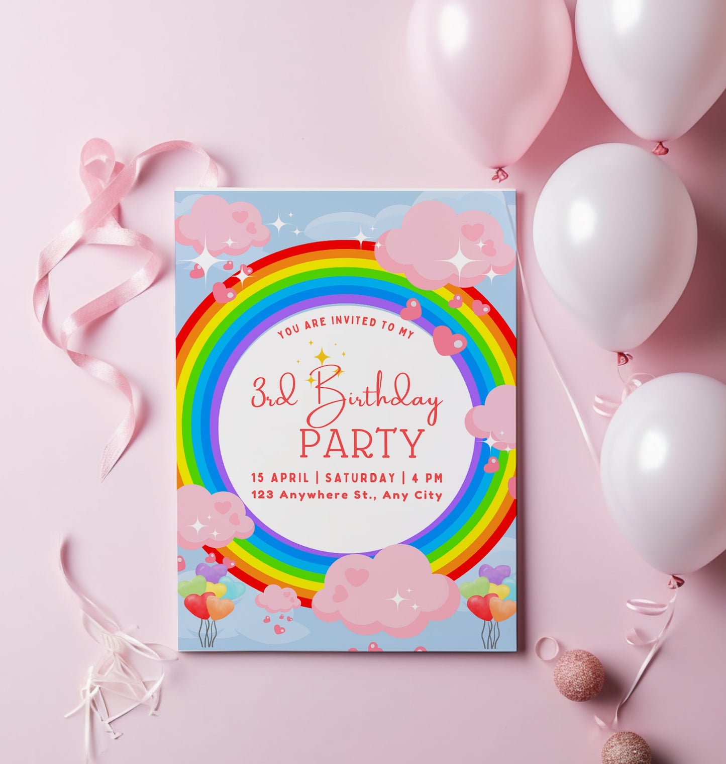 Personalised Rainbow birthday party invitations, Bright Rainbow 12 personalised invitations includes envelopes