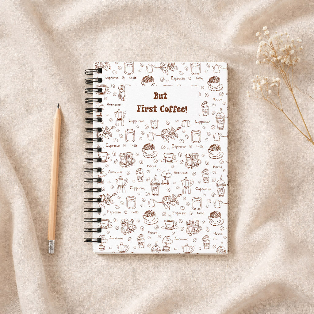 But First Coffee A5 Notebook – Hardback Spiral Journal for Coffee Lovers, Cute Coffee Pattern Diary, Barista Gift, Cafe Lover Notebook