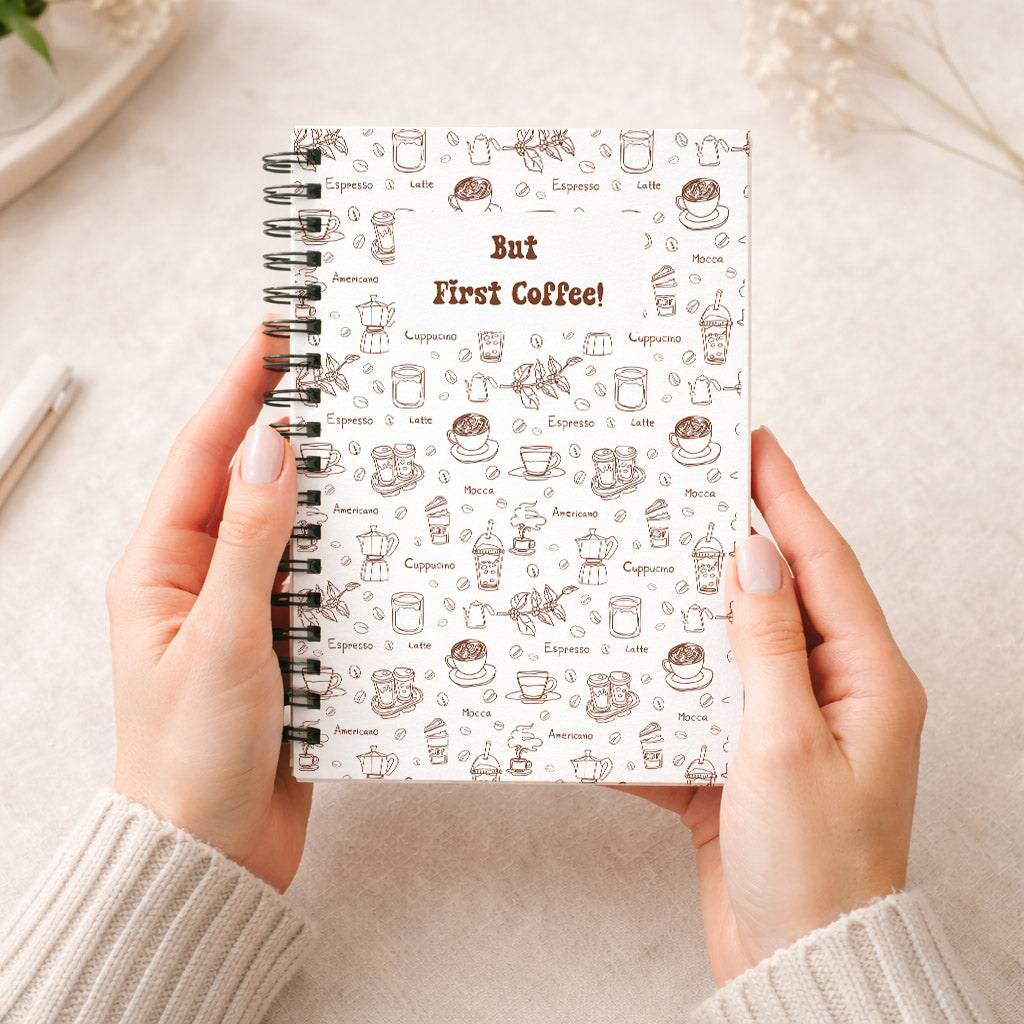 But First Coffee A5 Notebook – Hardback Spiral Journal for Coffee Lovers, Cute Coffee Pattern Diary, Barista Gift, Cafe Lover Notebook