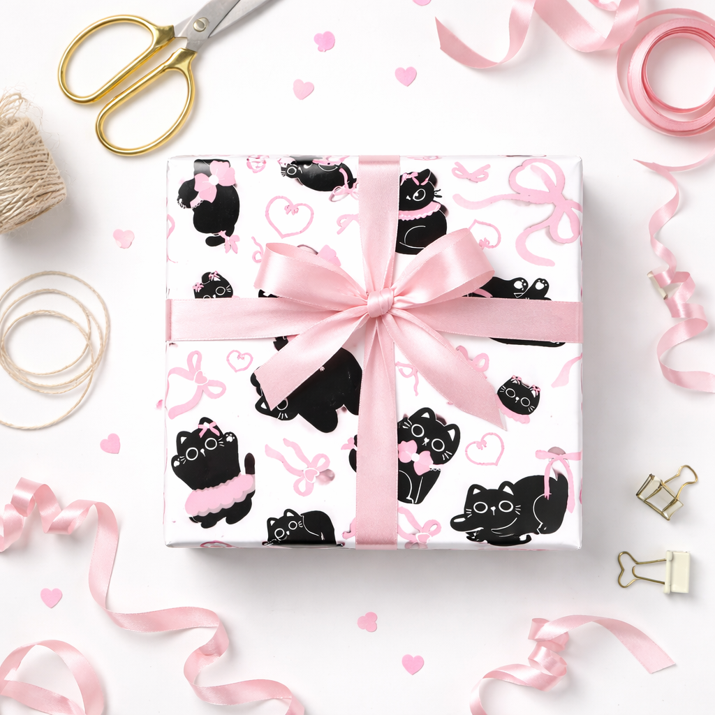 Black cat and Pink Bow gift wrapping paper