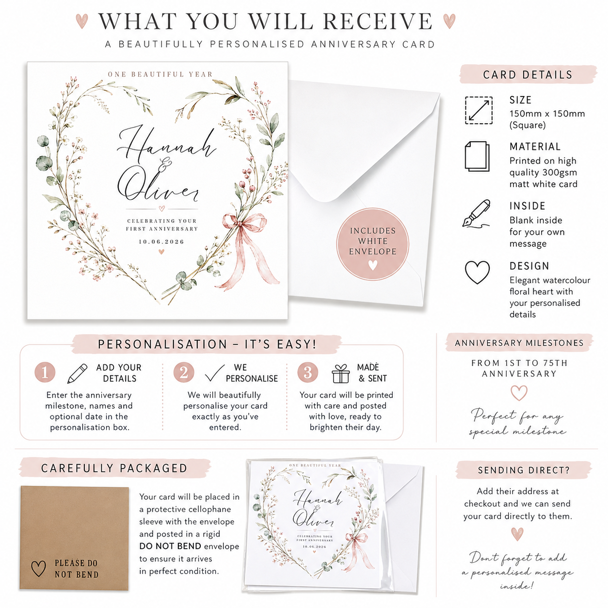 Personalised Wedding Anniversary Card – Botanical Floral Heart with Names & Date