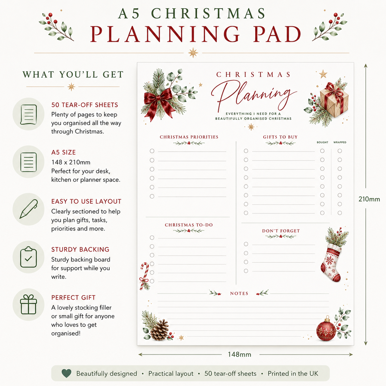 A5 Christmas Planning Pad – 50 Sheet Christmas Planner & Gift List