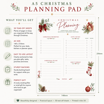A5 Christmas Planning Pad – 50 Sheet Christmas Planner & Gift List