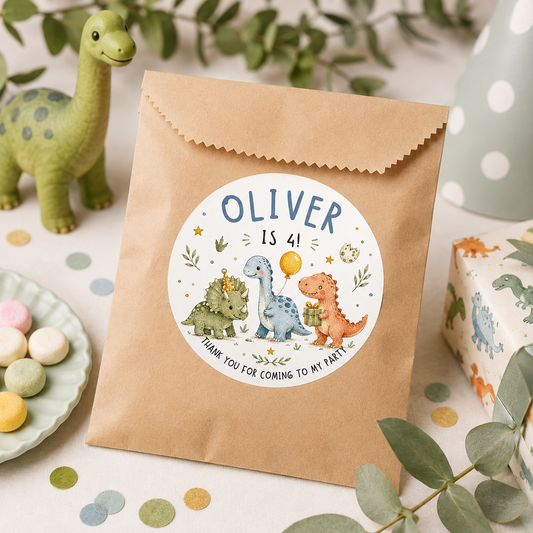 Personalised Dinosaur Birthday Stickers – Kids Party Thank You Labels