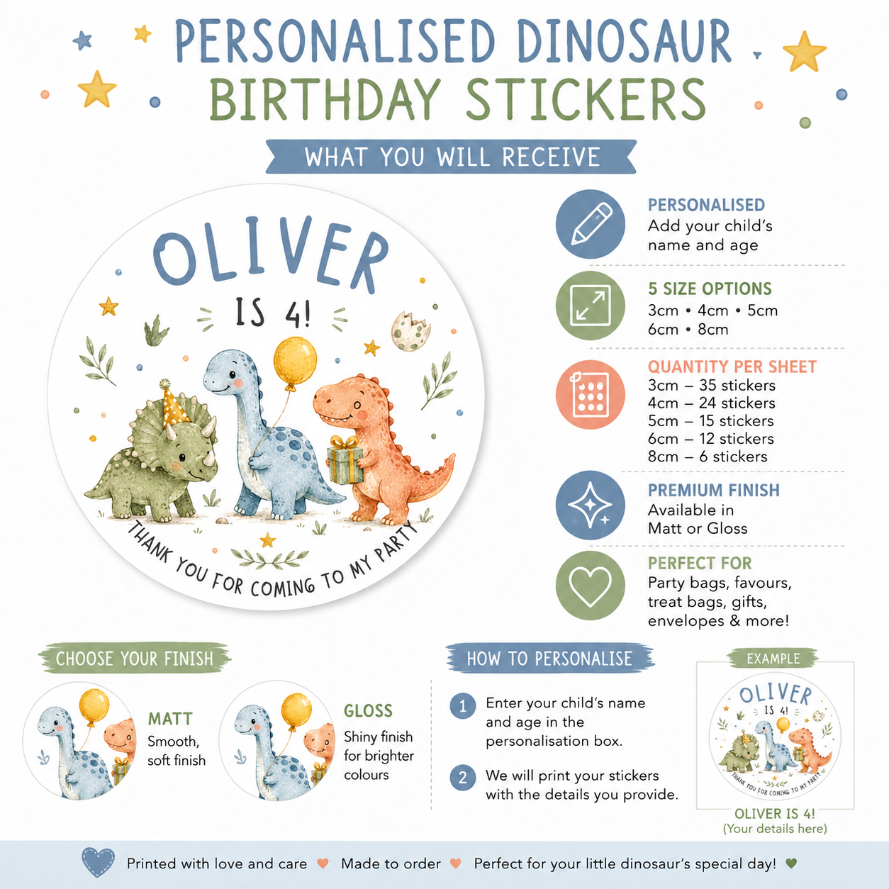 Personalised Dinosaur Birthday Stickers – Kids Party Thank You Labels