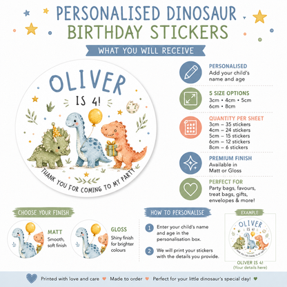 Personalised Dinosaur Birthday Stickers – Kids Party Thank You Labels