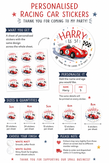 Personalised Racing Car Birthday Stickers – Kids Party Favour & Thank You Labels