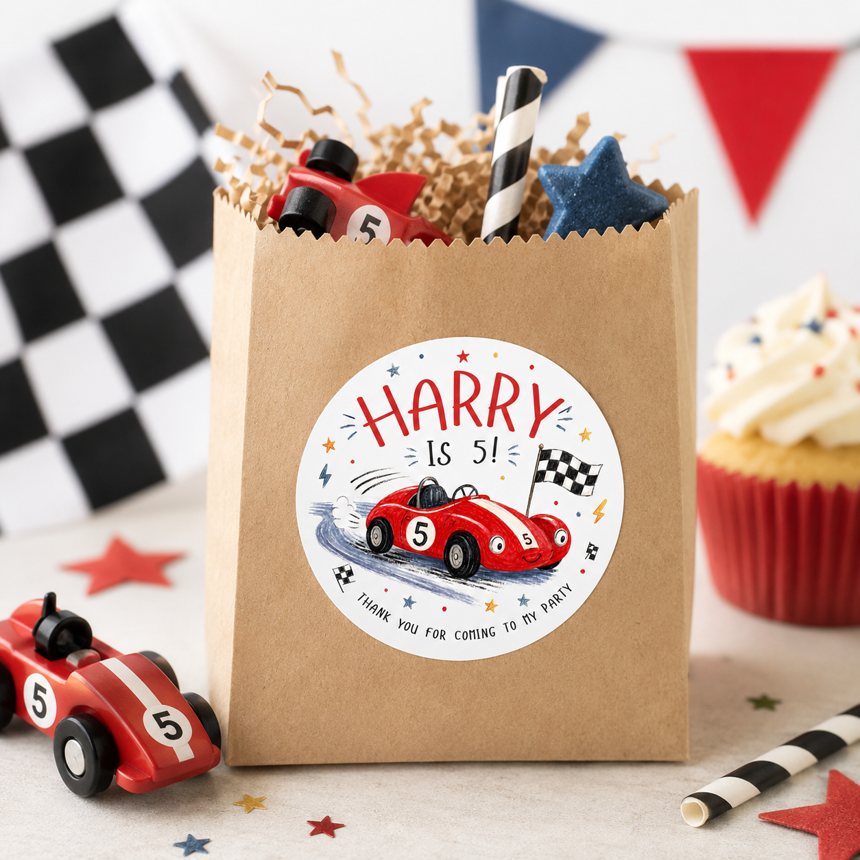 Personalised Racing Car Birthday Stickers – Kids Party Favour & Thank You Labels
