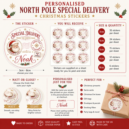 Personalised North Pole Special Delivery Christmas Stickers – Santa Gift Labels