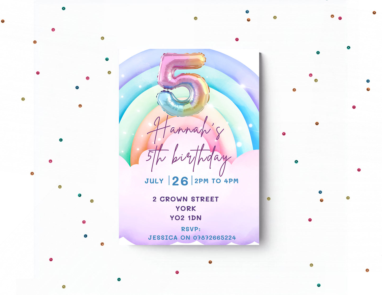 5th Birthday Invitation Girl | Pastel Balloon Party Invite |  Rainbow invite  | Editable Digital Download | instant Download