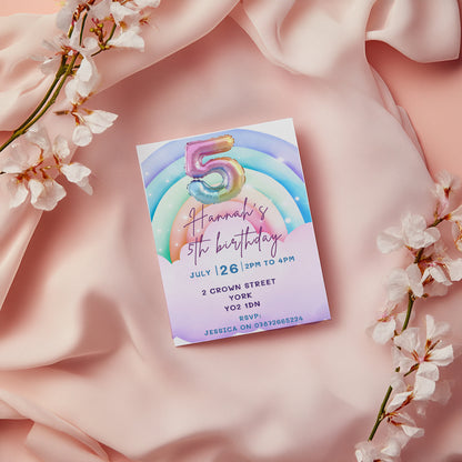 5th Birthday Invitation Girl | Pastel Balloon Party Invite |  Rainbow invite  | Editable Digital Download | instant Download