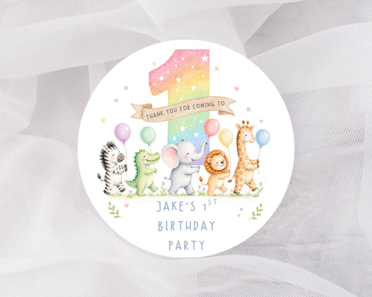 Personalised rainbow Party Stickers, Thank You Goodie Bag Labels 1st Birthday Party
