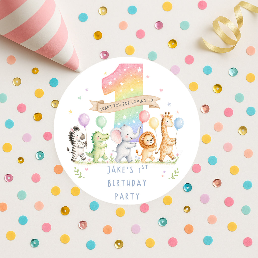Personalised rainbow Party Stickers, Thank You Goodie Bag Labels 1st Birthday Party
