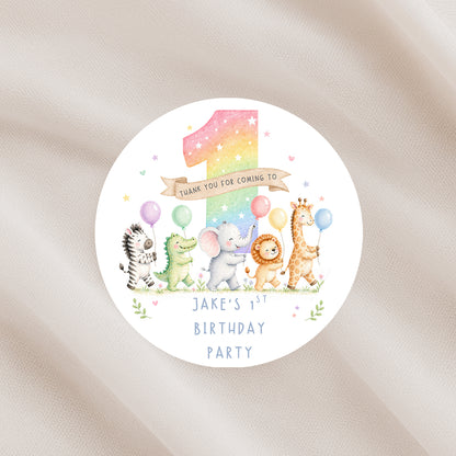 Personalised rainbow Party Stickers, Thank You Goodie Bag Labels 1st Birthday Party