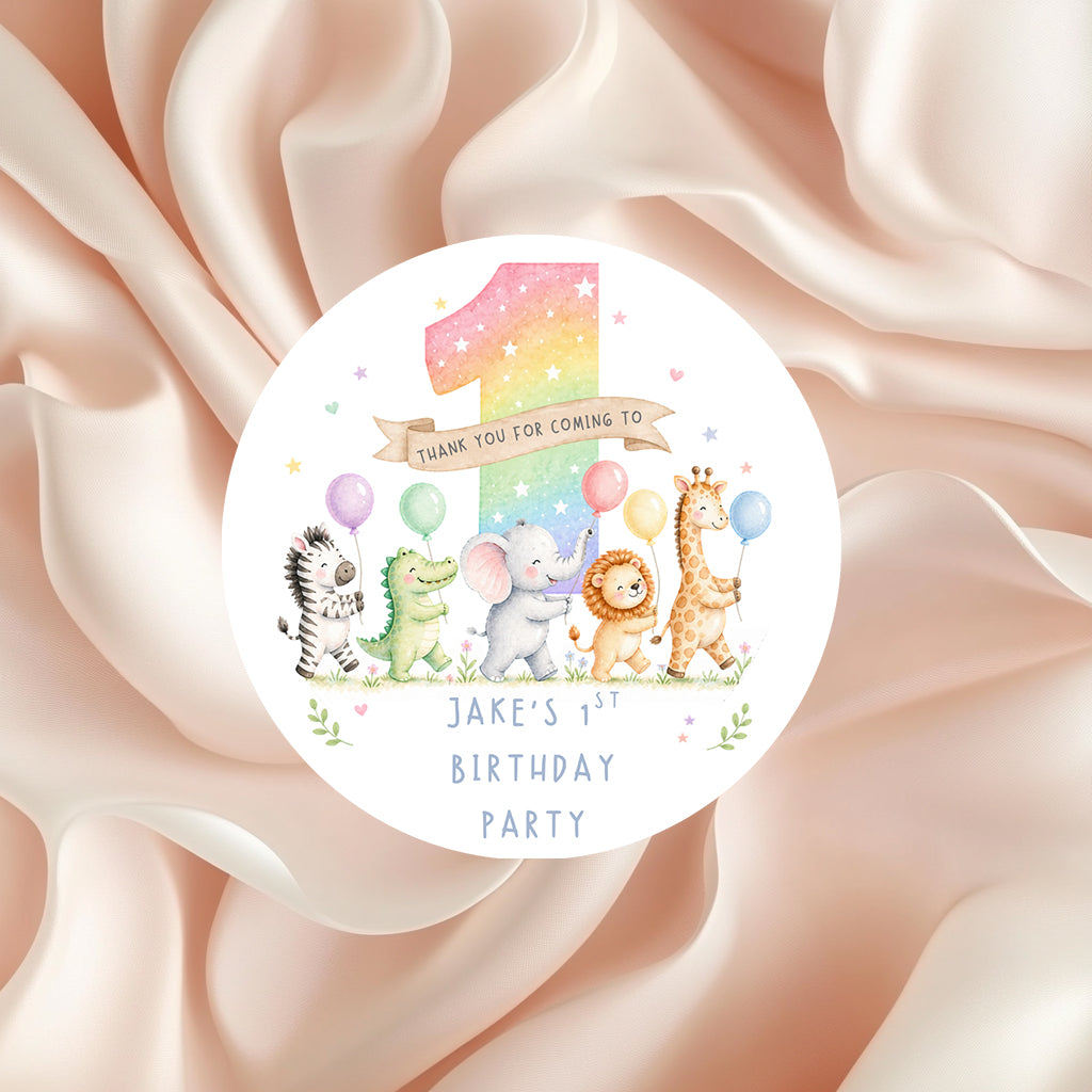 Personalised rainbow Party Stickers, Thank You Goodie Bag Labels 1st Birthday Party