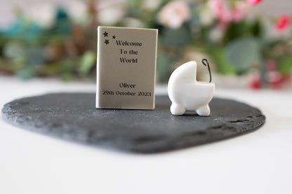 Personalised New Baby Gift ornament, Matchbox Pram new baby keepsake, welcome to the world, Porcelain Gift,