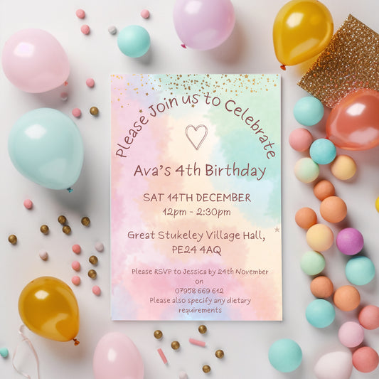 Rainbow birthday party invitations, Unicorn party invites, pastel colour 12 personalised invitations includes envelopes (Copy)