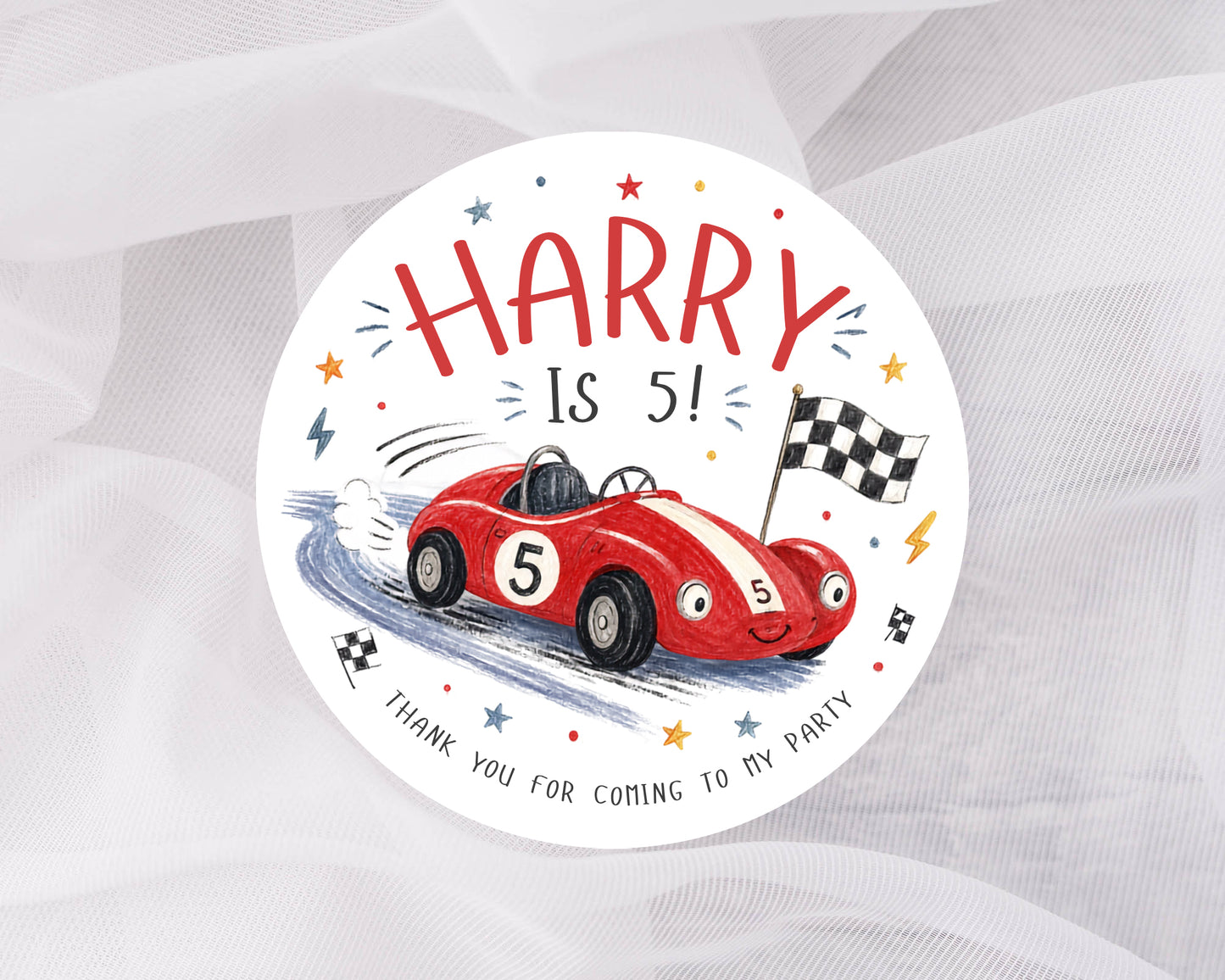 Personalised Racing Car Birthday Stickers – Kids Party Favour & Thank You Labels