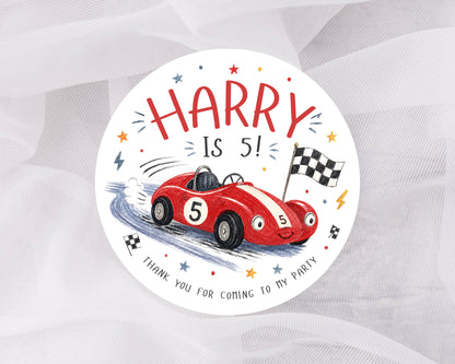 Personalised Racing Car Birthday Stickers – Kids Party Favour & Thank You Labels