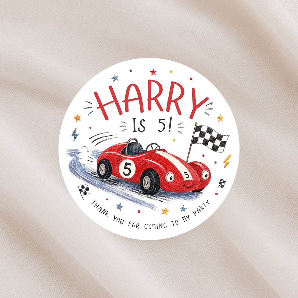 Personalised Racing Car Birthday Stickers – Kids Party Favour & Thank You Labels
