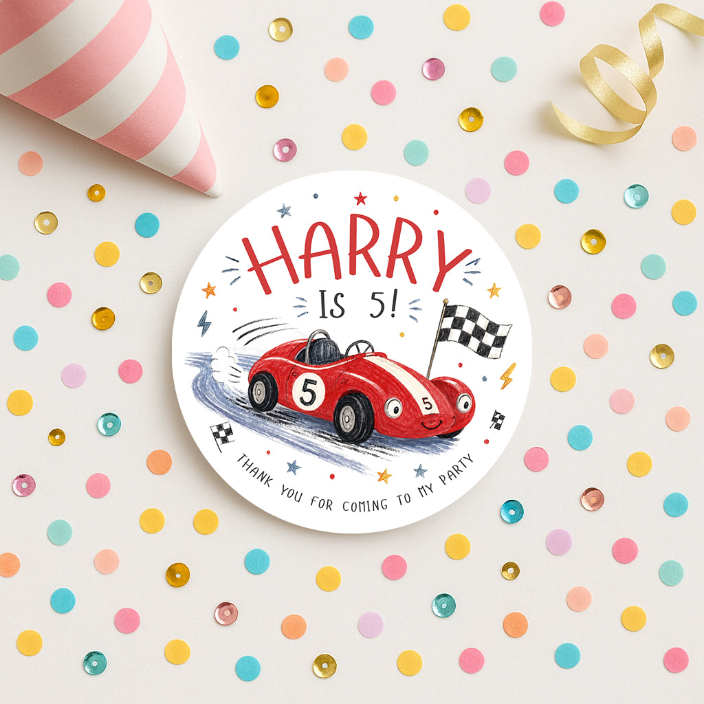 Personalised Racing Car Birthday Stickers – Kids Party Favour & Thank You Labels