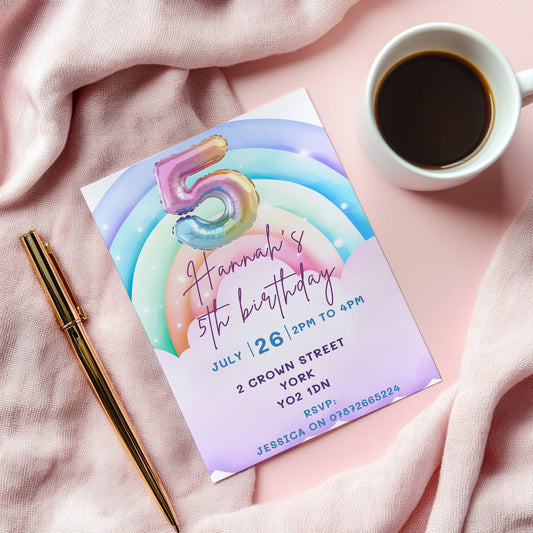 5th Birthday Invitation Girl | Pastel Balloon Party Invite |  Rainbow invite  | Editable Digital Download | instant Download