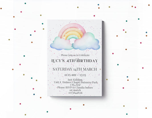 Personalised Rainbow birthday party invitations,  pastel colour  12 personalised invitations  includes envelopes