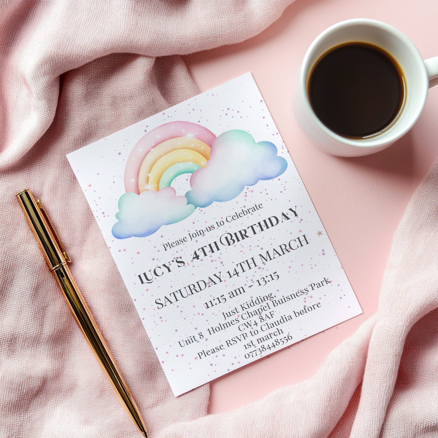 Personalised Rainbow birthday party invitations,  pastel colour  12 personalised invitations  includes envelopes