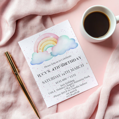 Personalised Rainbow birthday party invitations,  pastel colour  12 personalised invitations  includes envelopes